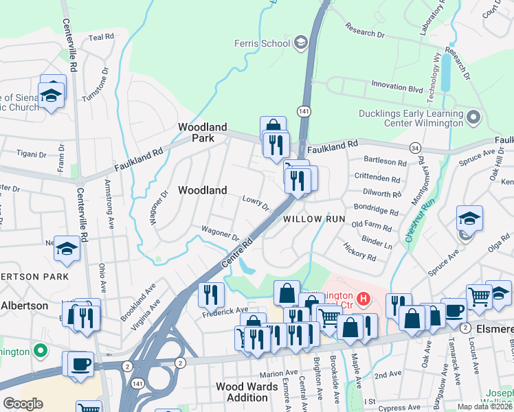 map of restaurants, bars, coffee shops, grocery stores, and more near 13 Lowry Drive in Wilmington