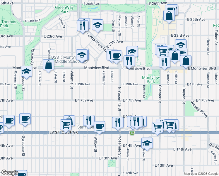 map of restaurants, bars, coffee shops, grocery stores, and more near 1795 Xenia Street in Denver