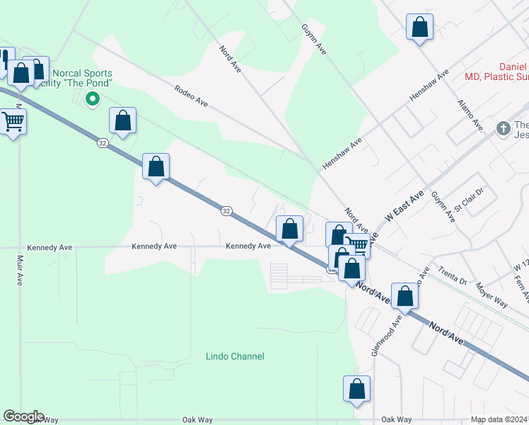 map of restaurants, bars, coffee shops, grocery stores, and more near 2684 California 32 in Chico