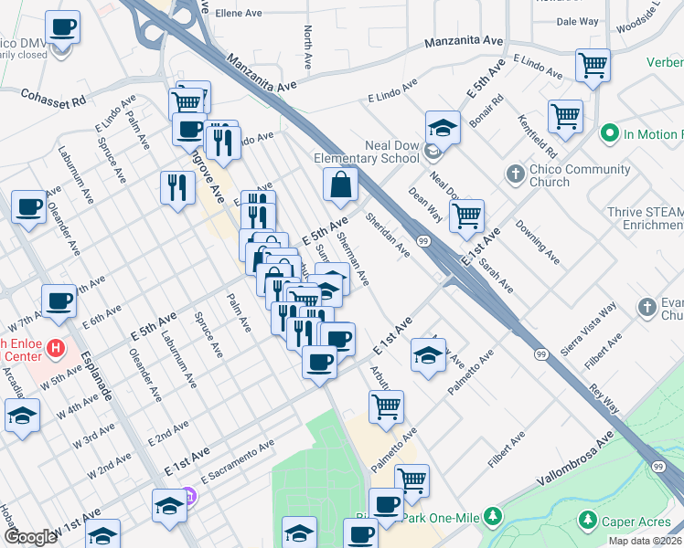map of restaurants, bars, coffee shops, grocery stores, and more near 1340 Sunset Avenue in Chico