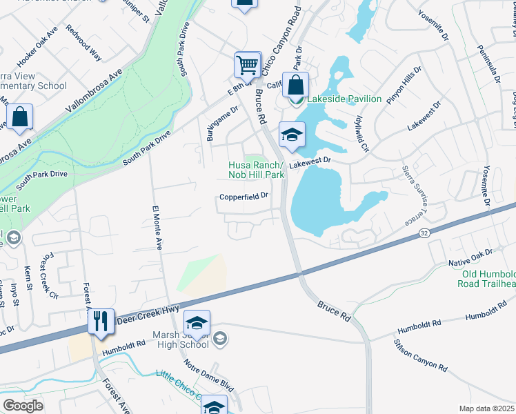 map of restaurants, bars, coffee shops, grocery stores, and more near 109 Sterling Oaks Drive in Chico