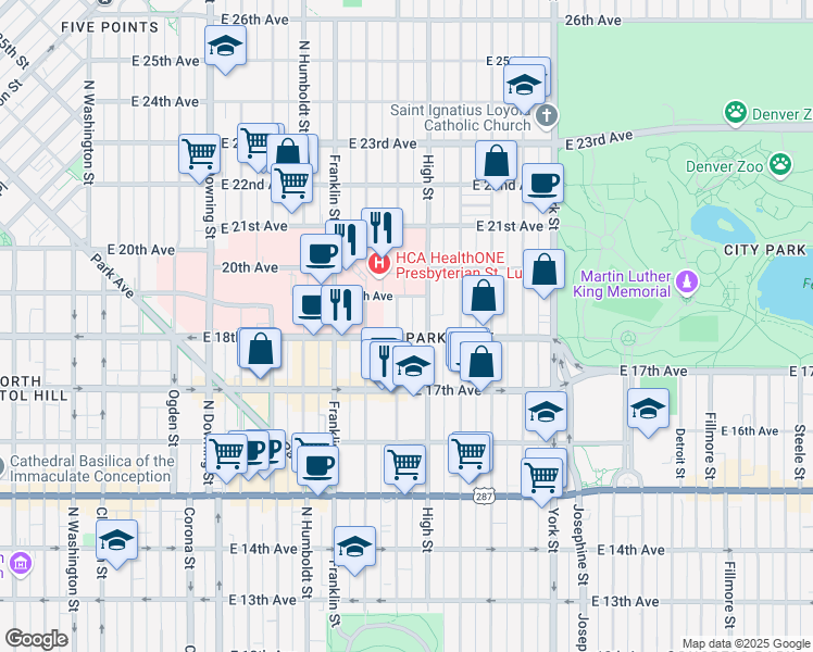 map of restaurants, bars, coffee shops, grocery stores, and more near 1800 North Williams Street in Denver