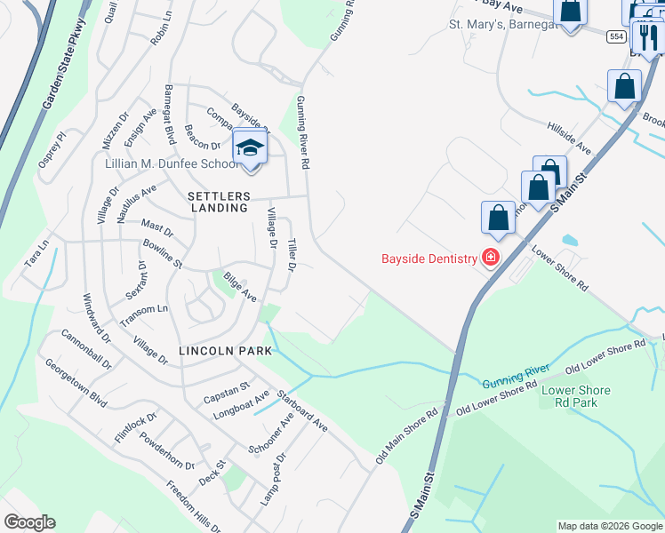 map of restaurants, bars, coffee shops, grocery stores, and more near 87 Gunning River Road in Barnegat Township