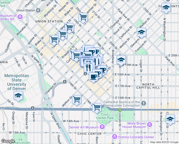 map of restaurants, bars, coffee shops, grocery stores, and more near 1600 California Street in Denver