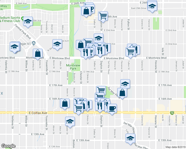 map of restaurants, bars, coffee shops, grocery stores, and more near 9591 East 19th Avenue in Aurora
