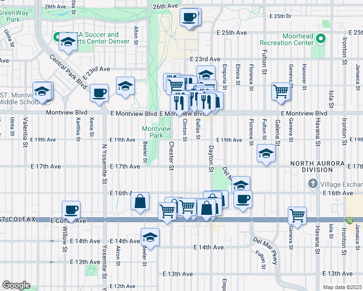 map of restaurants, bars, coffee shops, grocery stores, and more near 1788 Chester Street in Aurora