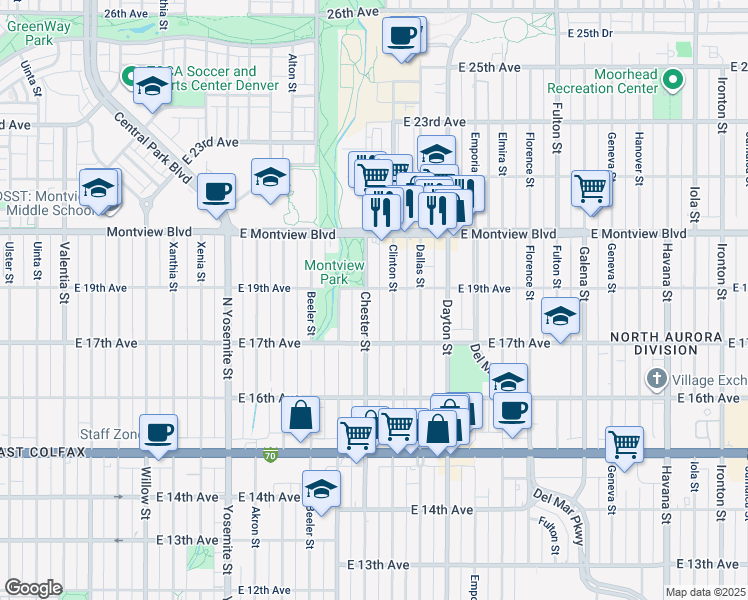 map of restaurants, bars, coffee shops, grocery stores, and more near 1788 Chester Street in Aurora