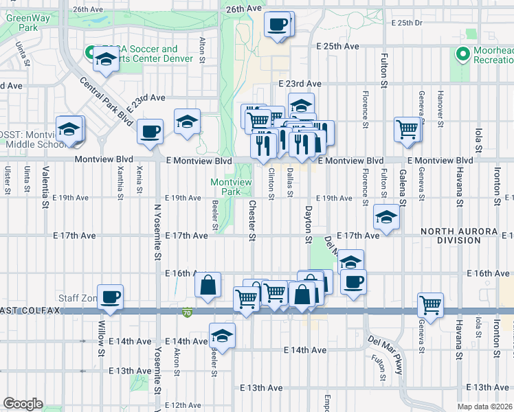 map of restaurants, bars, coffee shops, grocery stores, and more near 1788 Chester Street in Aurora