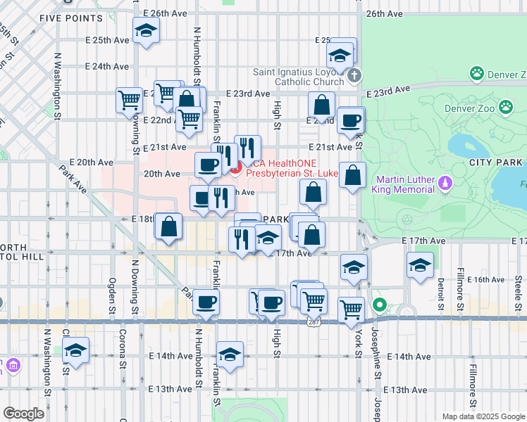 map of restaurants, bars, coffee shops, grocery stores, and more near 1800 North Williams Street in Denver
