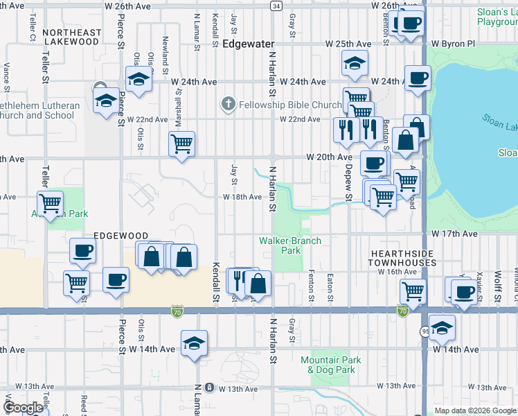 map of restaurants, bars, coffee shops, grocery stores, and more near 1755 North Harlan Street in Edgewater