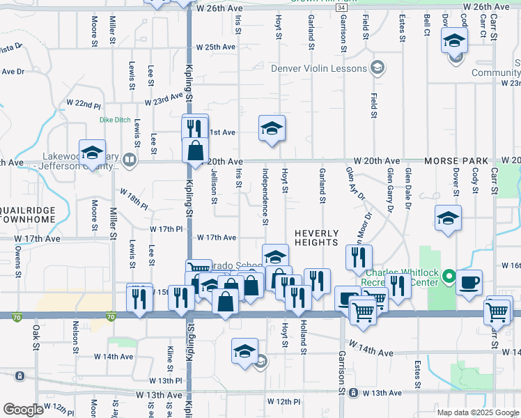 map of restaurants, bars, coffee shops, grocery stores, and more near 9605 West 18th Drive in Lakewood