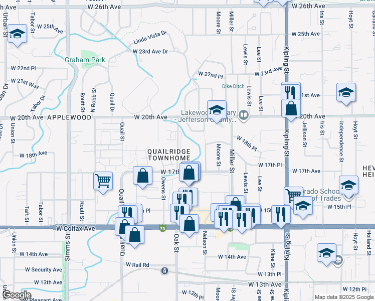 map of restaurants, bars, coffee shops, grocery stores, and more near 10695 West 17th Avenue in Lakewood