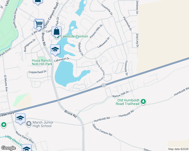 map of restaurants, bars, coffee shops, grocery stores, and more near 2850 Sierra Sunrise Terrace in Chico