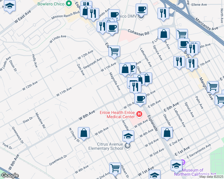 map of restaurants, bars, coffee shops, grocery stores, and more near 1901 Magnolia Avenue in Chico