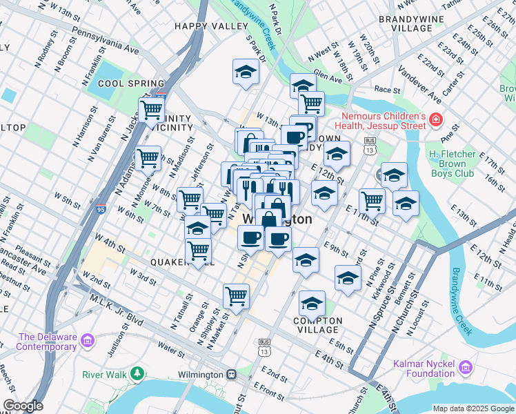 map of restaurants, bars, coffee shops, grocery stores, and more near 903 North Shipley Street in Wilmington
