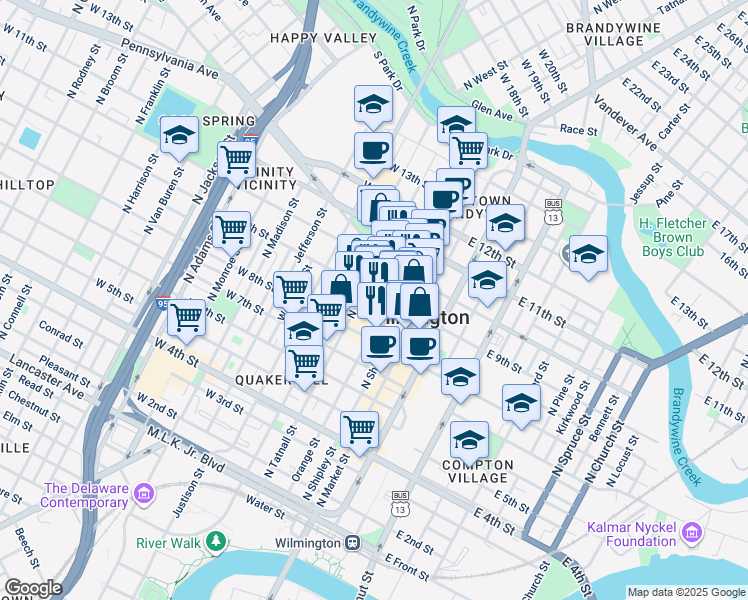 map of restaurants, bars, coffee shops, grocery stores, and more near 222 West 9th Street in Wilmington
