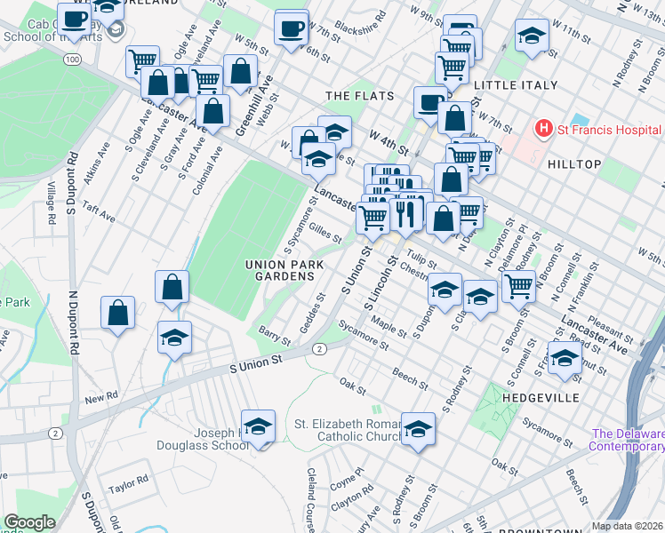 map of restaurants, bars, coffee shops, grocery stores, and more near 220 South Bancroft Parkway in Wilmington