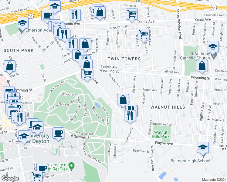 map of restaurants, bars, coffee shops, grocery stores, and more near 111 Gunckel Avenue in Dayton