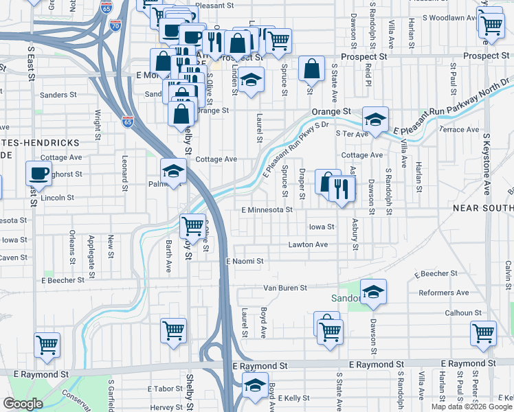 map of restaurants, bars, coffee shops, grocery stores, and more near 1330 East Minnesota Street in Indianapolis