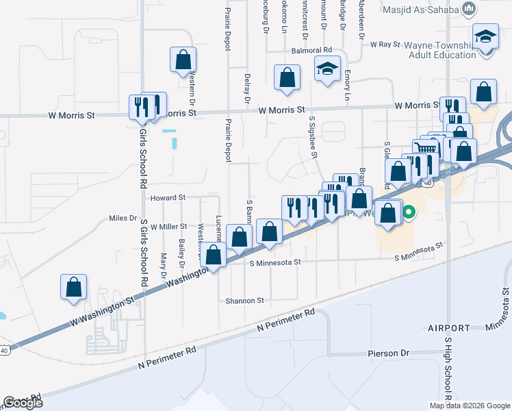 map of restaurants, bars, coffee shops, grocery stores, and more near 1505 South Banner Avenue in Indianapolis