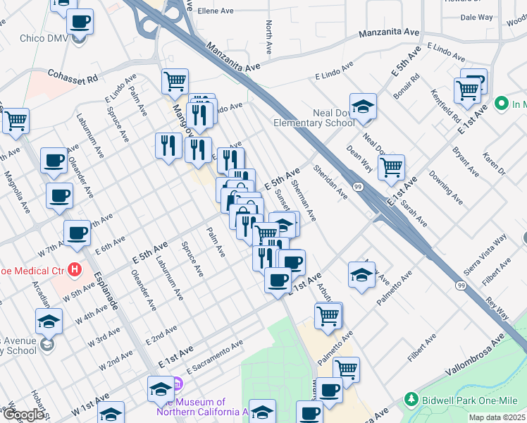 map of restaurants, bars, coffee shops, grocery stores, and more near 1411 Arbutus Avenue in Chico