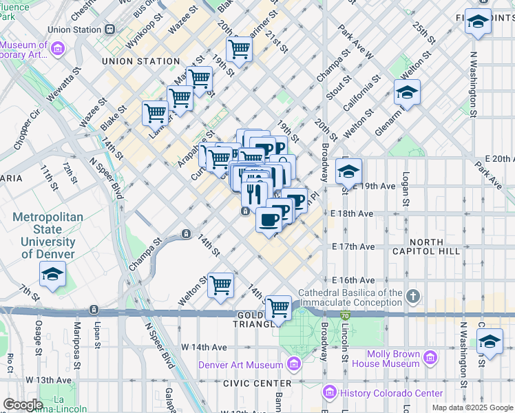 map of restaurants, bars, coffee shops, grocery stores, and more near 1600 California Street in Denver