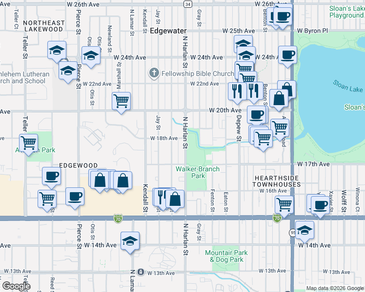 map of restaurants, bars, coffee shops, grocery stores, and more near 1751 Harlan Street in Lakewood