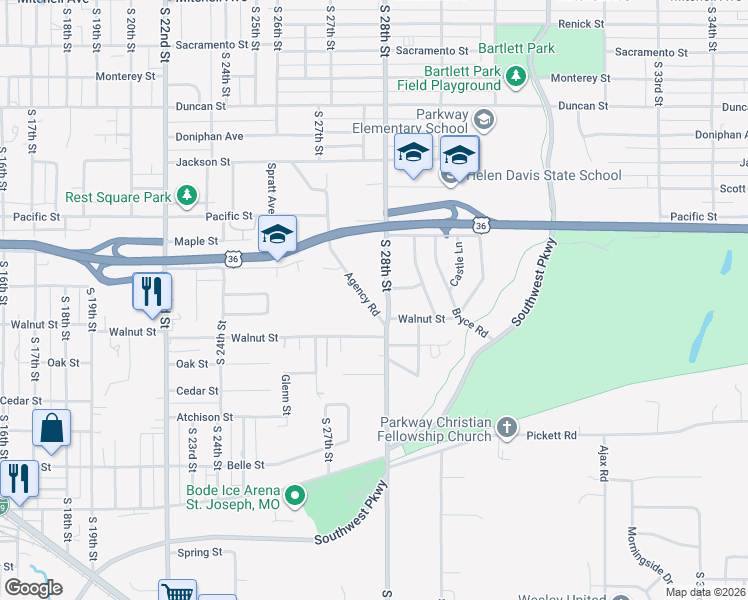 map of restaurants, bars, coffee shops, grocery stores, and more near 2307 Agency Road in Saint Joseph