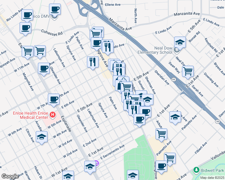 map of restaurants, bars, coffee shops, grocery stores, and more near 590 East 5th Avenue in Chico
