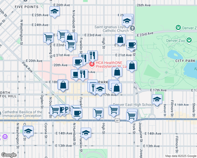 map of restaurants, bars, coffee shops, grocery stores, and more near 1800 North Williams Street in Denver