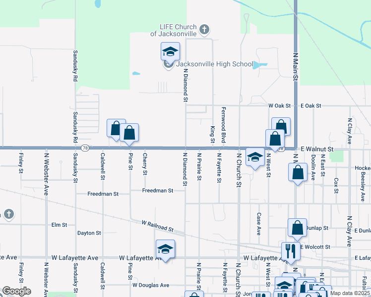 map of restaurants, bars, coffee shops, grocery stores, and more near 1098 N Diamond St in Jacksonville