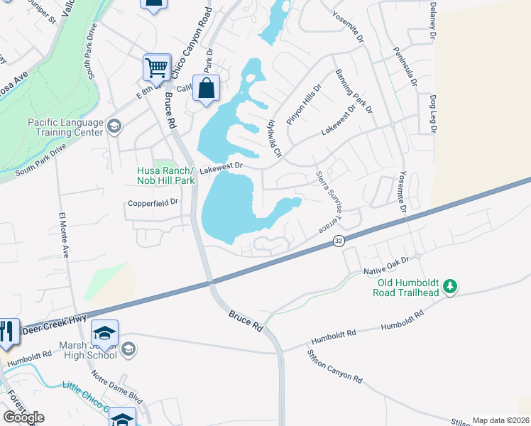 map of restaurants, bars, coffee shops, grocery stores, and more near 39 Edgewater Court in Chico