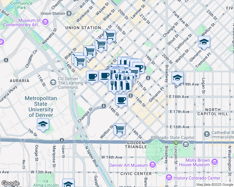 map of restaurants, bars, coffee shops, grocery stores, and more near 801 16th Street Mall in Denver