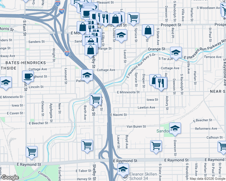 map of restaurants, bars, coffee shops, grocery stores, and more near 1229 East Pleasant Run Parkway South Drive in Indianapolis