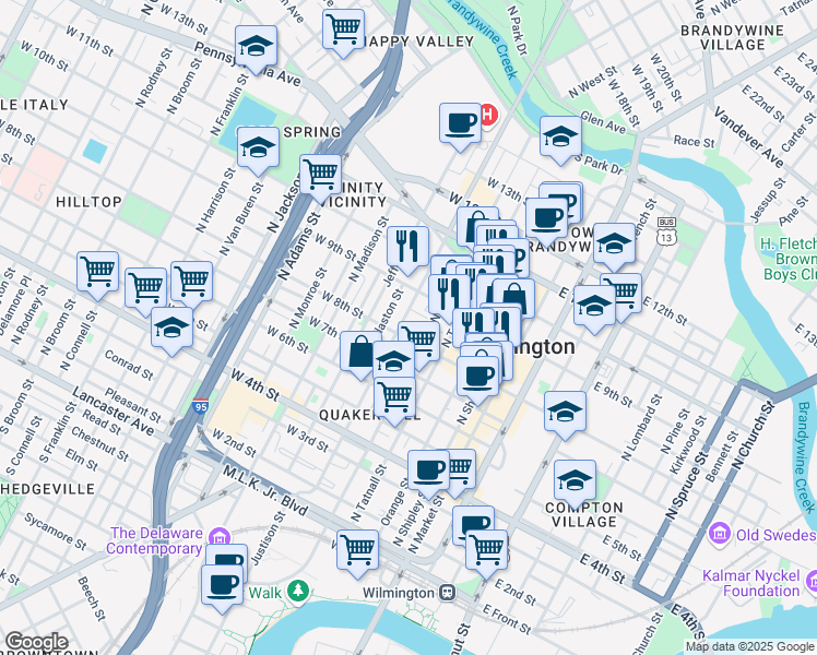 map of restaurants, bars, coffee shops, grocery stores, and more near 800 Washington Street in Wilmington