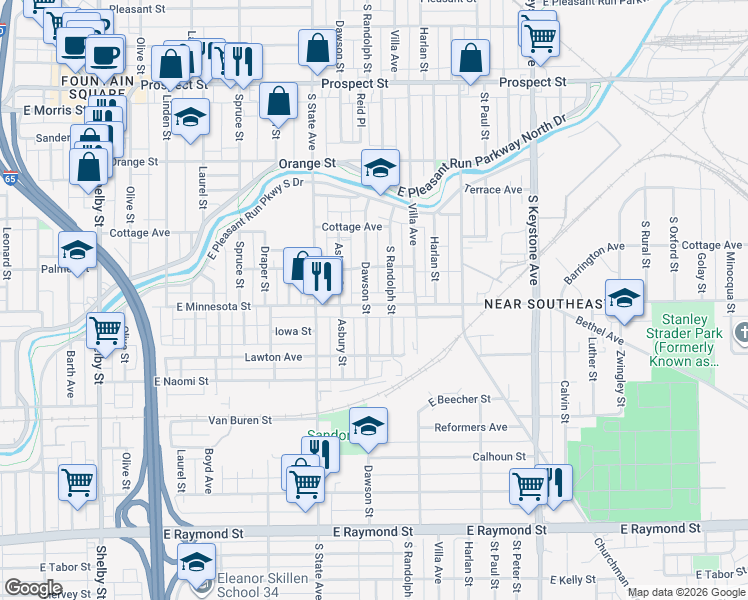 map of restaurants, bars, coffee shops, grocery stores, and more near 1838 East Minnesota Street in Indianapolis