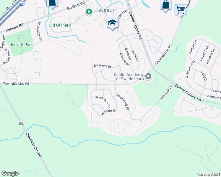 map of restaurants, bars, coffee shops, grocery stores, and more near 253 Windsor Drive in Woolwich Township