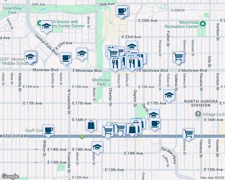 map of restaurants, bars, coffee shops, grocery stores, and more near 1788 Chester Street in Aurora