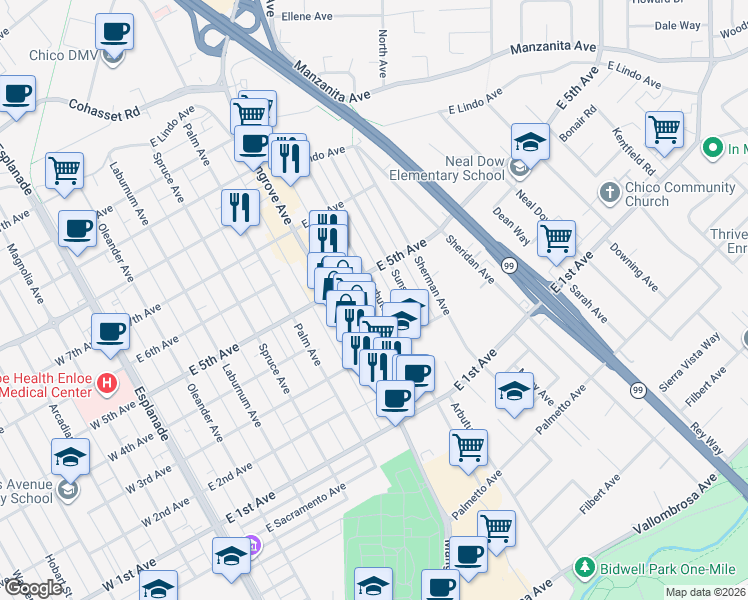 map of restaurants, bars, coffee shops, grocery stores, and more near 1411 Arbutus Avenue in Chico