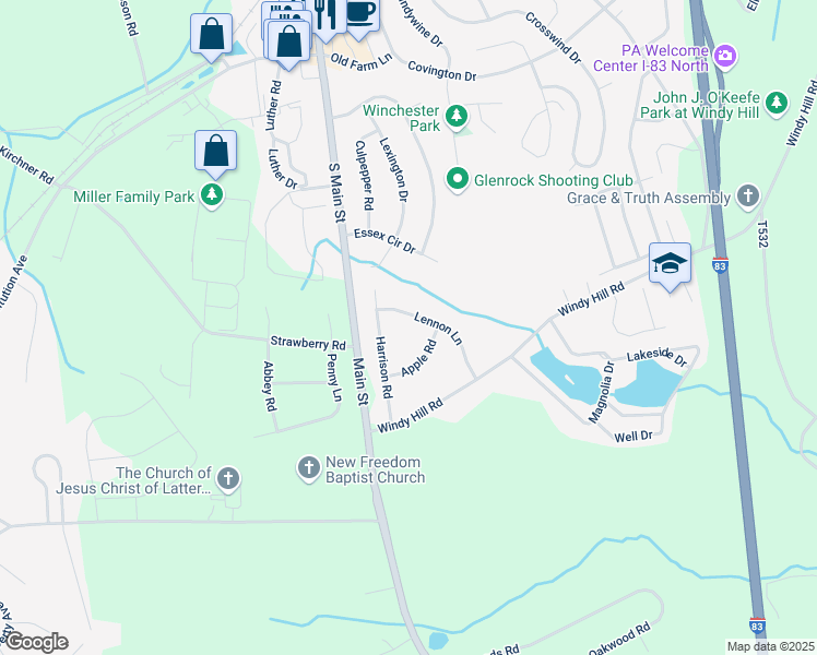 map of restaurants, bars, coffee shops, grocery stores, and more near 13 Lennon Lane in New Freedom
