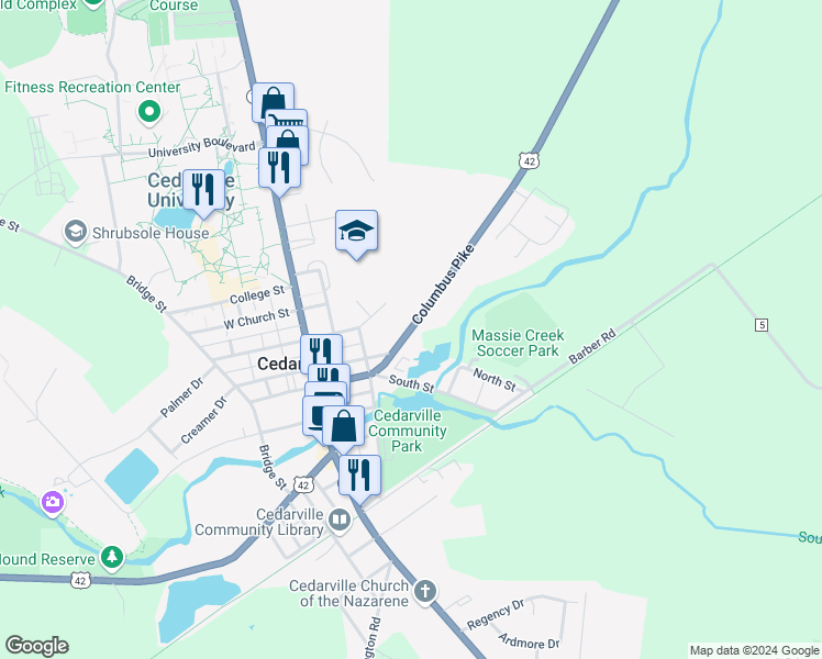 map of restaurants, bars, coffee shops, grocery stores, and more near U.S. 42 in Cedarville