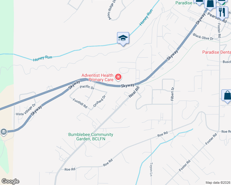 map of restaurants, bars, coffee shops, grocery stores, and more near 3995 Skyview Drive in Paradise