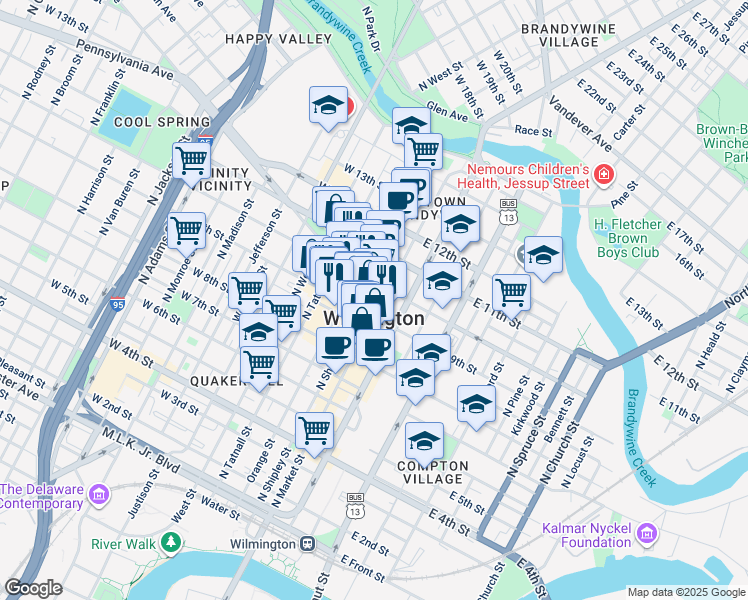 map of restaurants, bars, coffee shops, grocery stores, and more near 903 North Shipley Street in Wilmington