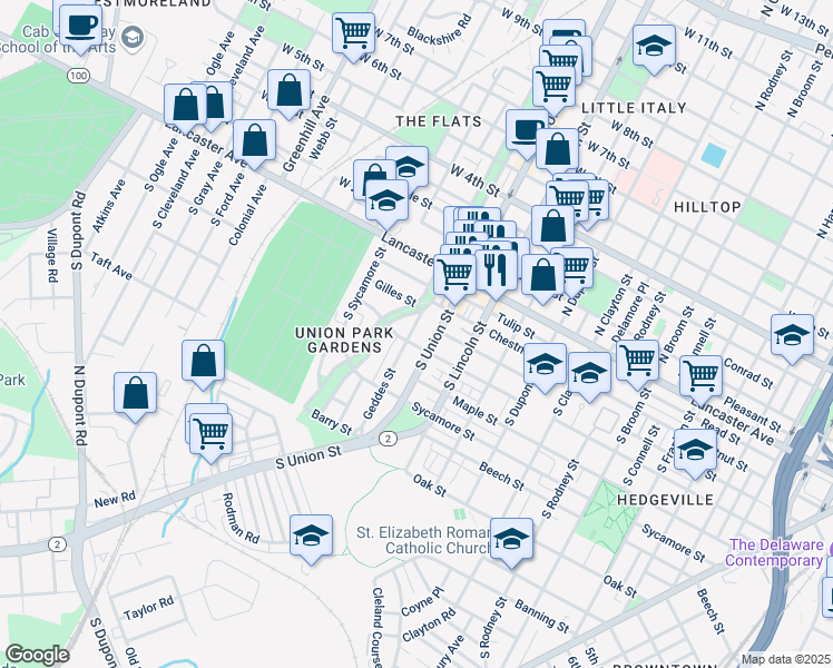 map of restaurants, bars, coffee shops, grocery stores, and more near 226 Geddes Street in Wilmington
