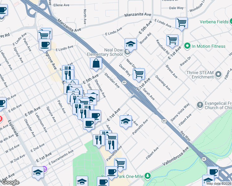 map of restaurants, bars, coffee shops, grocery stores, and more near 1125 Sheridan Avenue in Chico