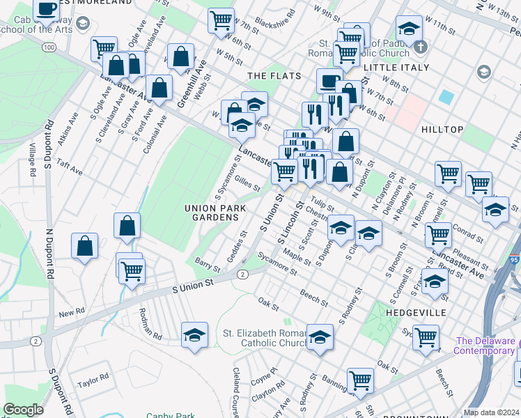 map of restaurants, bars, coffee shops, grocery stores, and more near 226 Geddes Street in Wilmington