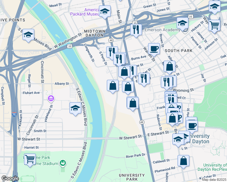 map of restaurants, bars, coffee shops, grocery stores, and more near 915 South Patterson Boulevard in Dayton