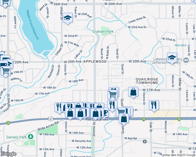 map of restaurants, bars, coffee shops, grocery stores, and more near 11451 West 17th Place in Denver