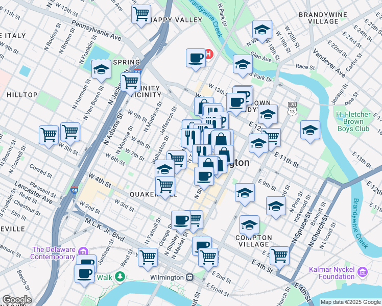 map of restaurants, bars, coffee shops, grocery stores, and more near 835 North Tatnall Street in Wilmington