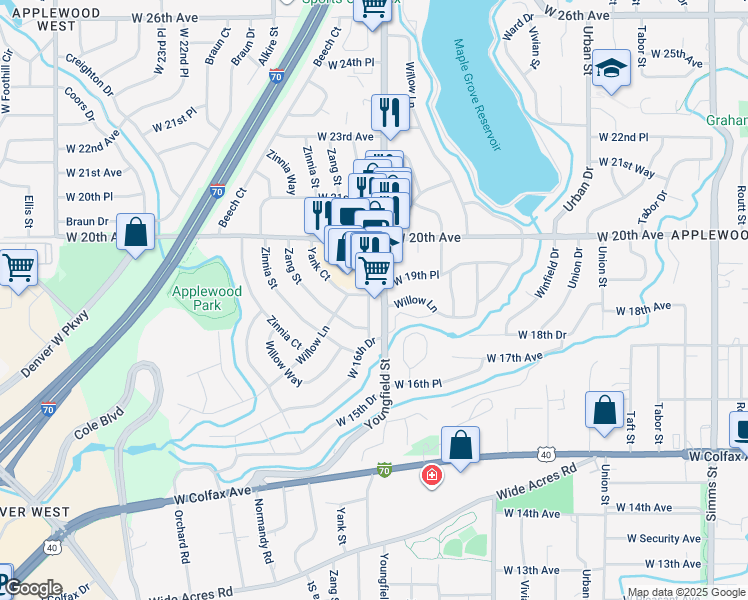 map of restaurants, bars, coffee shops, grocery stores, and more near 12790 West 19th Place in Lakewood
